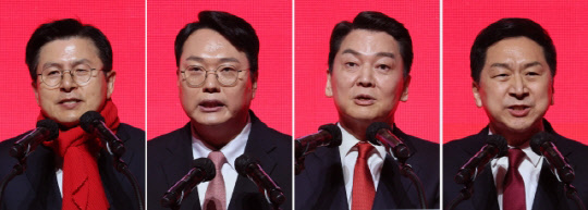 (왼쪽부터) 황교안·천하람·안철수·김기현 국민의힘 대표 후보가 16일 오후 광주 김대중컨벤션센터에서 열린 제3차 전당대회 광주·전북·전남 합동연설회에서 정견 발표를 하고 있다. <연합뉴스>
